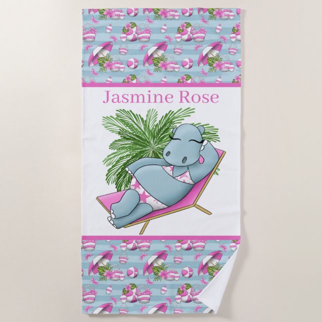 cute hippo lover add name beach towel (Front)