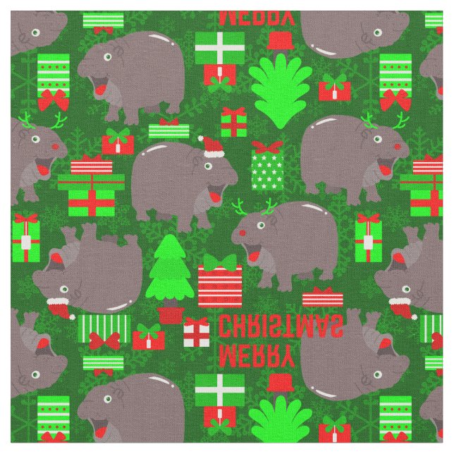 cute hippo merry christmas hippopotamus  fabric (Close Up)