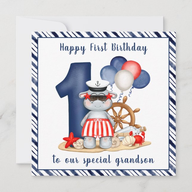 Cute Hippo Nautical 1st Birthday Boy Card (Front)