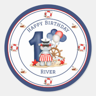 Cute Hippo Nautical 1st Birthday Boy Classic Round Sticker