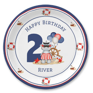 Cute Hippo Nautical Birthday Boy Blue Custom Age Paper Plate