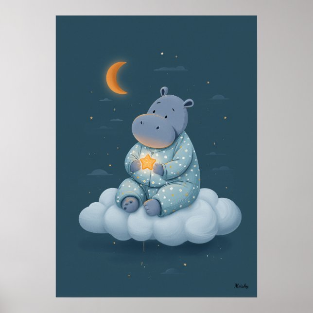 Cute Hippo on Cloud Nursery Bedtime Poster (Front)
