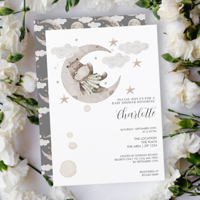 Cute Hippo on the Moon Baby Shower Invitation (Creator Uploaded)