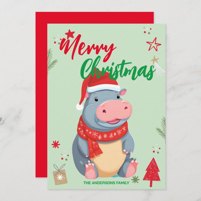 Cute HIPPO santa Christmas Holiday Family name (Front/Back)