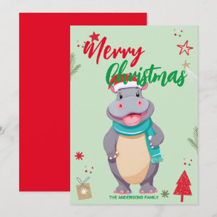 Cute HIPPO santa Christmas Holiday Family name Card