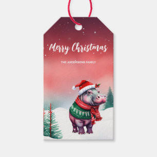 Cute HIPPO Santa Christmas tree party Snow kids Gift Tags