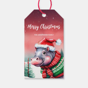 Cute HIPPO Santa Christmas tree party Snow kids Gift Tags