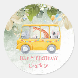 Cute Hippo School Bus Safari jungle Birthday party Classic Round Sticker