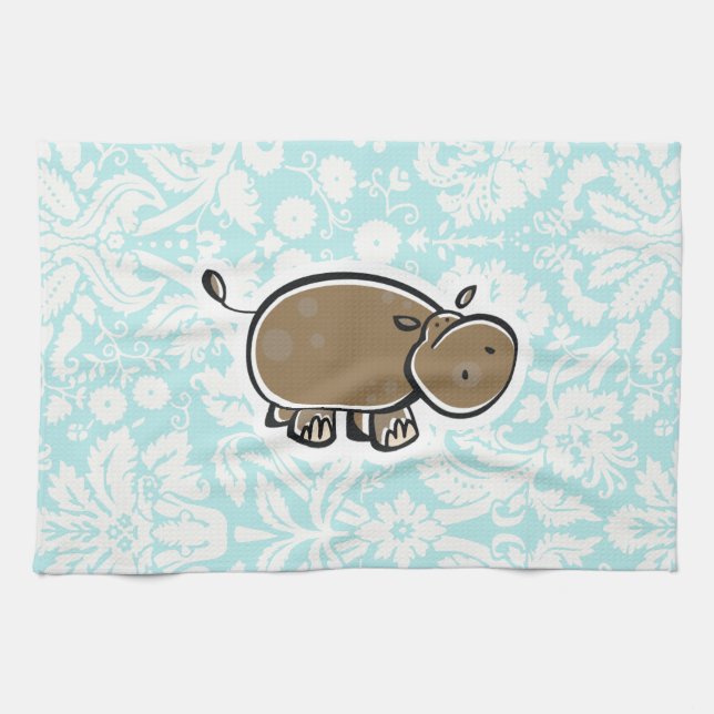 Cute Hippo; Teal Tea Towel (Horizontal)