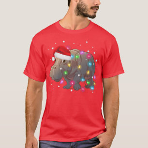 Cute Hippo Wear Santa Hat Christmas Lights Xmas Pa T-Shirt