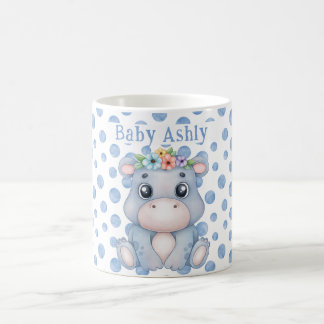 Cute hippo with baby name blue polka dots coffee mug