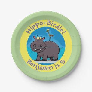 Cute hippo with bird personalised birthday cartoon paper plate