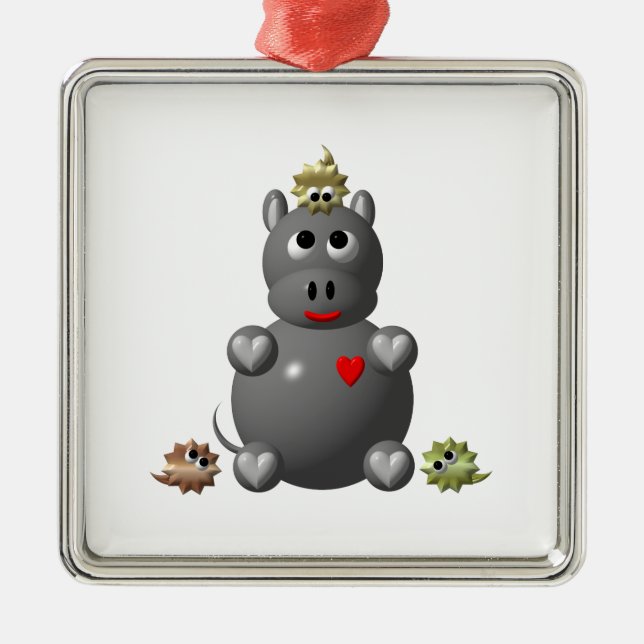 Cute Hippo with Hamsters Metal Tree Decoration (Front)