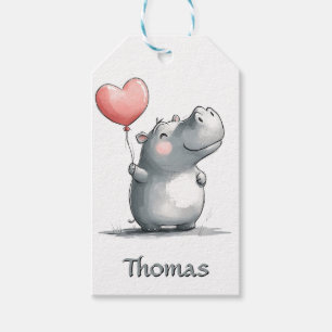 Cute Hippo with Heart Balloon Illustration Gift Tags