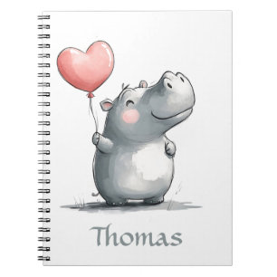 Cute Hippo with Heart Balloon Illustration Notebook