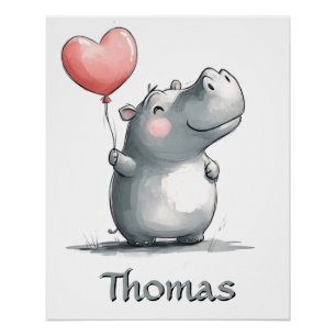 Cute Hippo with Heart Balloon Illustration Poster
