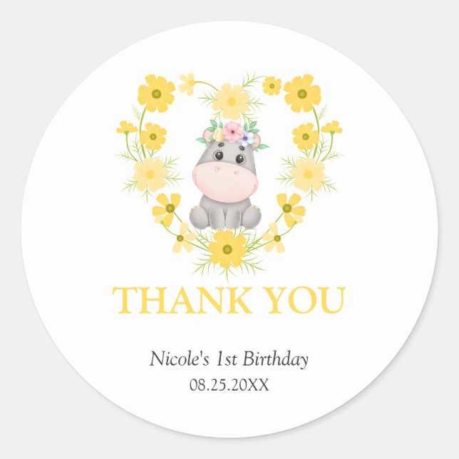 Cute Hippo Yellow Flower Heart Birthday Thank You Classic Round Sticker (Front)