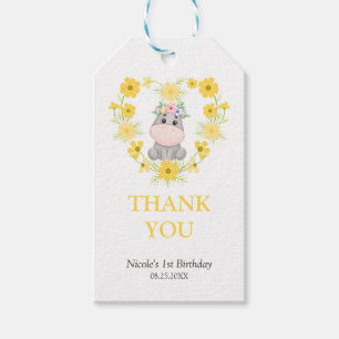 Cute Hippo Yellow Flower Heart Birthday Thank You Gift Tags