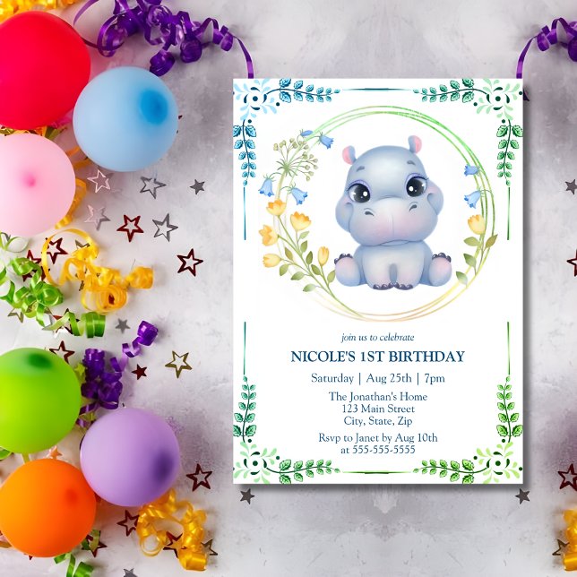 Cute Hippopotamus Flower Wreath 1st Birthday Invitation (Creator Uploaded)