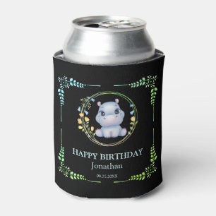 Cute Hippopotamus Flower Wreath Birthday Black Can Cooler