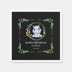 Cute Hippopotamus Flower Wreath Birthday Black Napkin