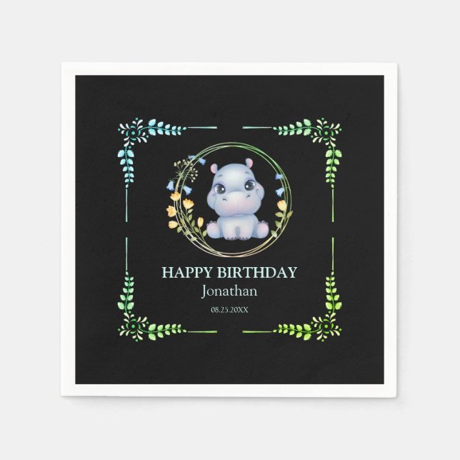 Cute Hippopotamus Flower Wreath Birthday Black Napkin (Front)