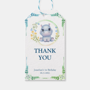 Cute Hippopotamus Flower Wreath Birthday Thank You Gift Tags