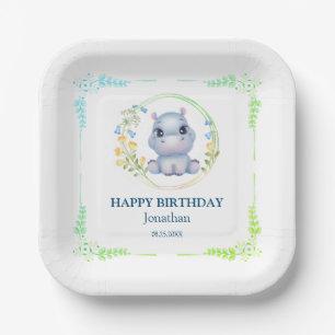 Cute Hippopotamus Flower Wreath Happy Birthday Paper Plate