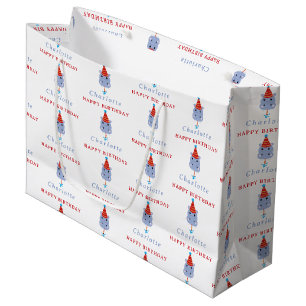 Cute Hippopotamus Hippo Custom Name Birthday Large Gift Bag