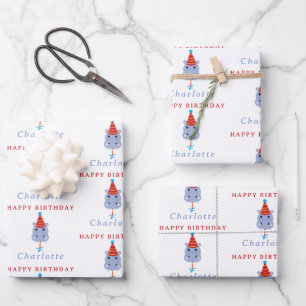 Cute Hippopotamus Hippo Custom Name Birthday Wrapping Paper Sheet