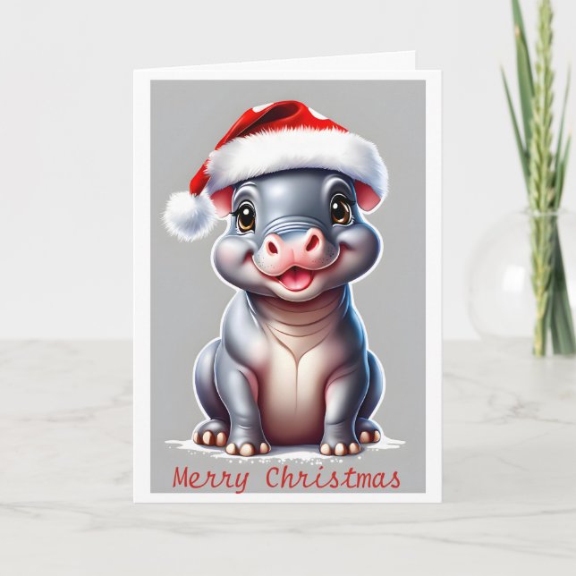 Cute Hippopotamus Santa Hat Christmas  Holiday Card (Front)