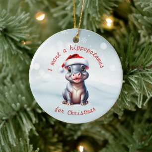 Cute Hippopotamus Santa Hat Snowy Christmas  Ceramic Tree Decoration