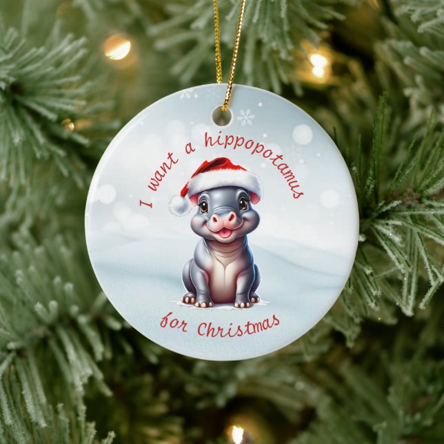 Cute Hippopotamus Santa Hat Snowy Christmas  Ceramic Tree Decoration (Tree)