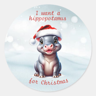 Cute Hippopotamus Santa Hat Snowy Christmas Classic Round Sticker