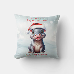 Cute Hippopotamus Santa Hat Snowy Christmas  Cushion