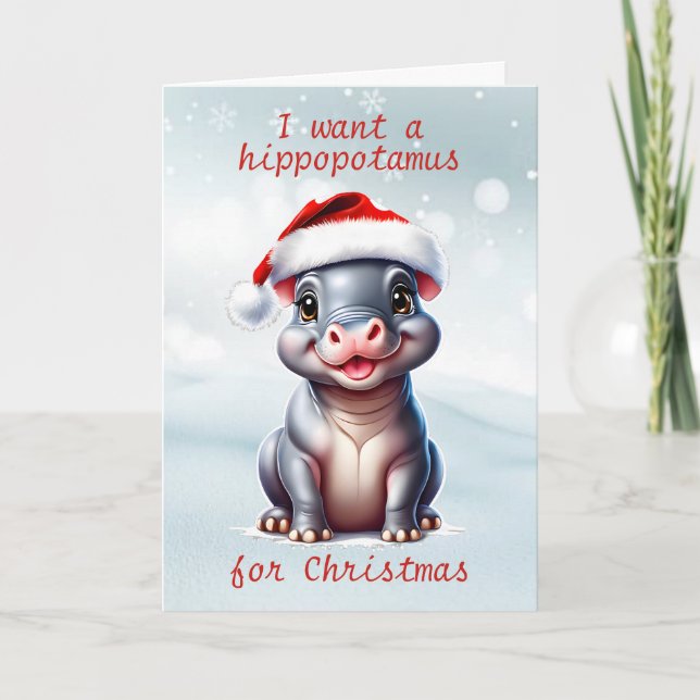 Cute Hippopotamus Santa Hat Snowy Christmas  Holiday Card (Front)