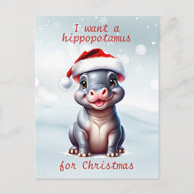 Cute Hippopotamus Santa Hat Snowy Christmas  Holiday Postcard (Front)