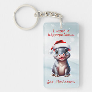 Cute Hippopotamus Santa Hat Snowy Christmas  Key Ring