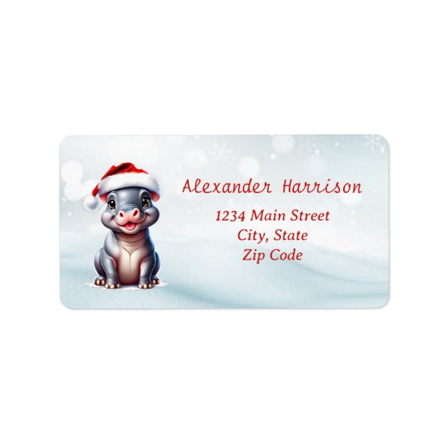 Cute Hippopotamus Santa Hat Snowy Christmas  Label (Front)