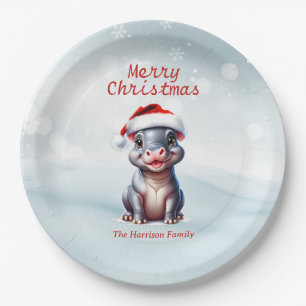 Cute Hippopotamus Santa Hat Snowy Christmas Paper Plate