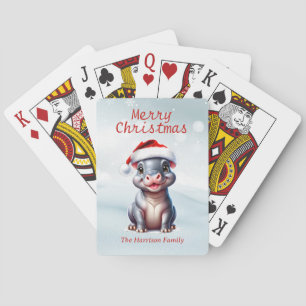 Cute Hippopotamus Santa Hat Snowy Christmas Playing Cards