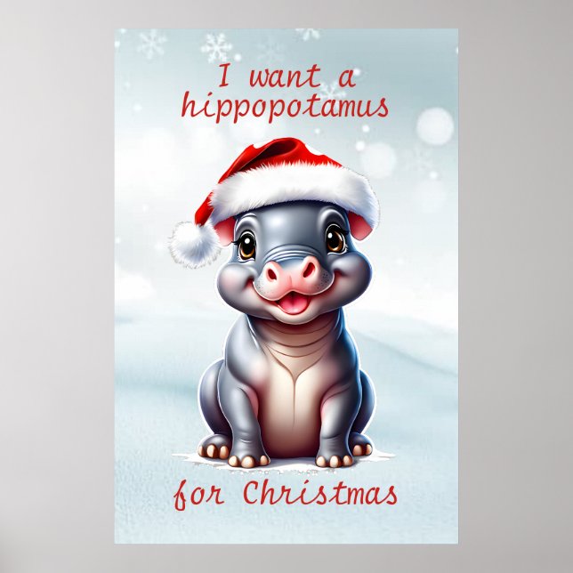 Cute Hippopotamus Santa Hat Snowy Christmas  Poster (Front)