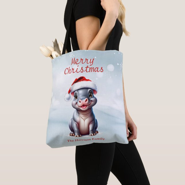 Cute Hippopotamus Santa Hat Snowy Christmas  Tote Bag (Close Up)