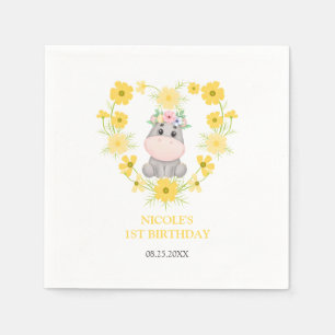 Cute Hippopotamus Yellow Flower Heart 1st Birthday Napkin