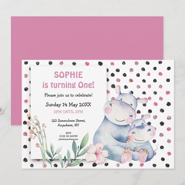 Cute Hippos Pink Dots Girls First Birthday Party Invitation (Front/Back)