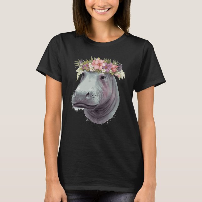 Cute Hippotamus Flower Crown Africa Safari Animal T-Shirt (Front)