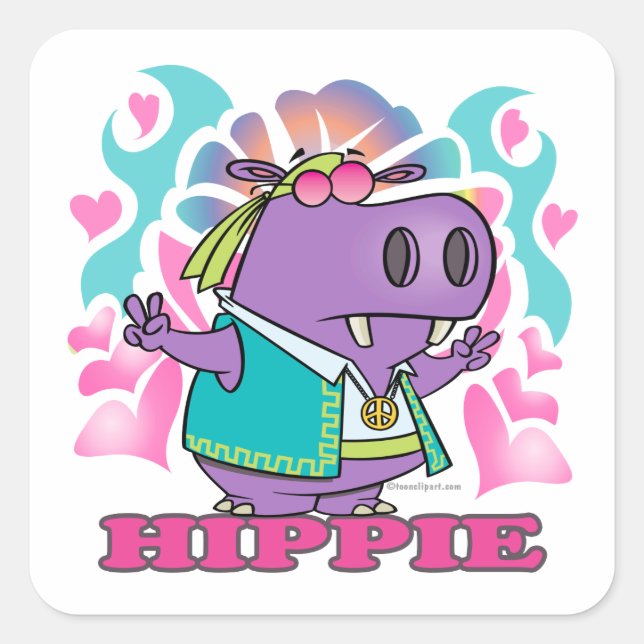 cute hippy hippie hippo cartoon with text square sticker (Front)