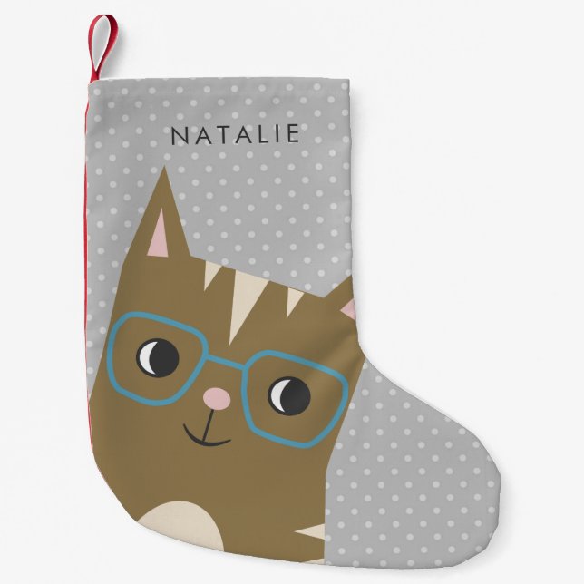 Cute Hipster Cat Illustration | Add Your Name Small Christmas Stocking (Front)