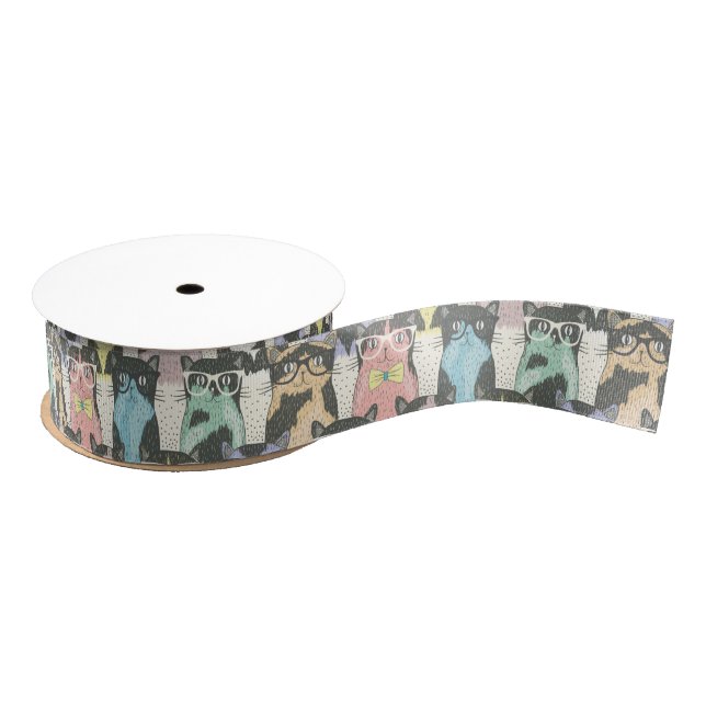 Cute Hipster Cats Pattern Grosgrain Ribbon (Spool)