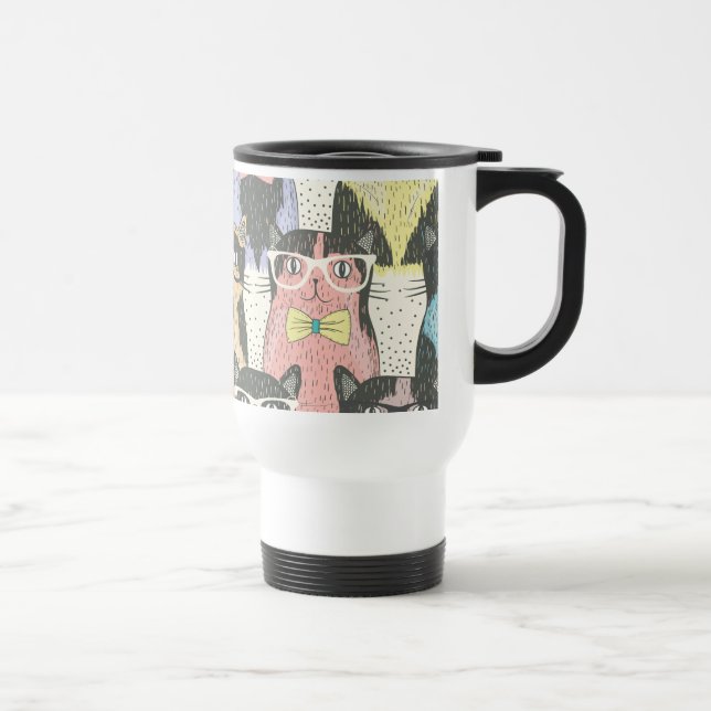 Cute Hipster Cats Pattern Travel Mug (Right)